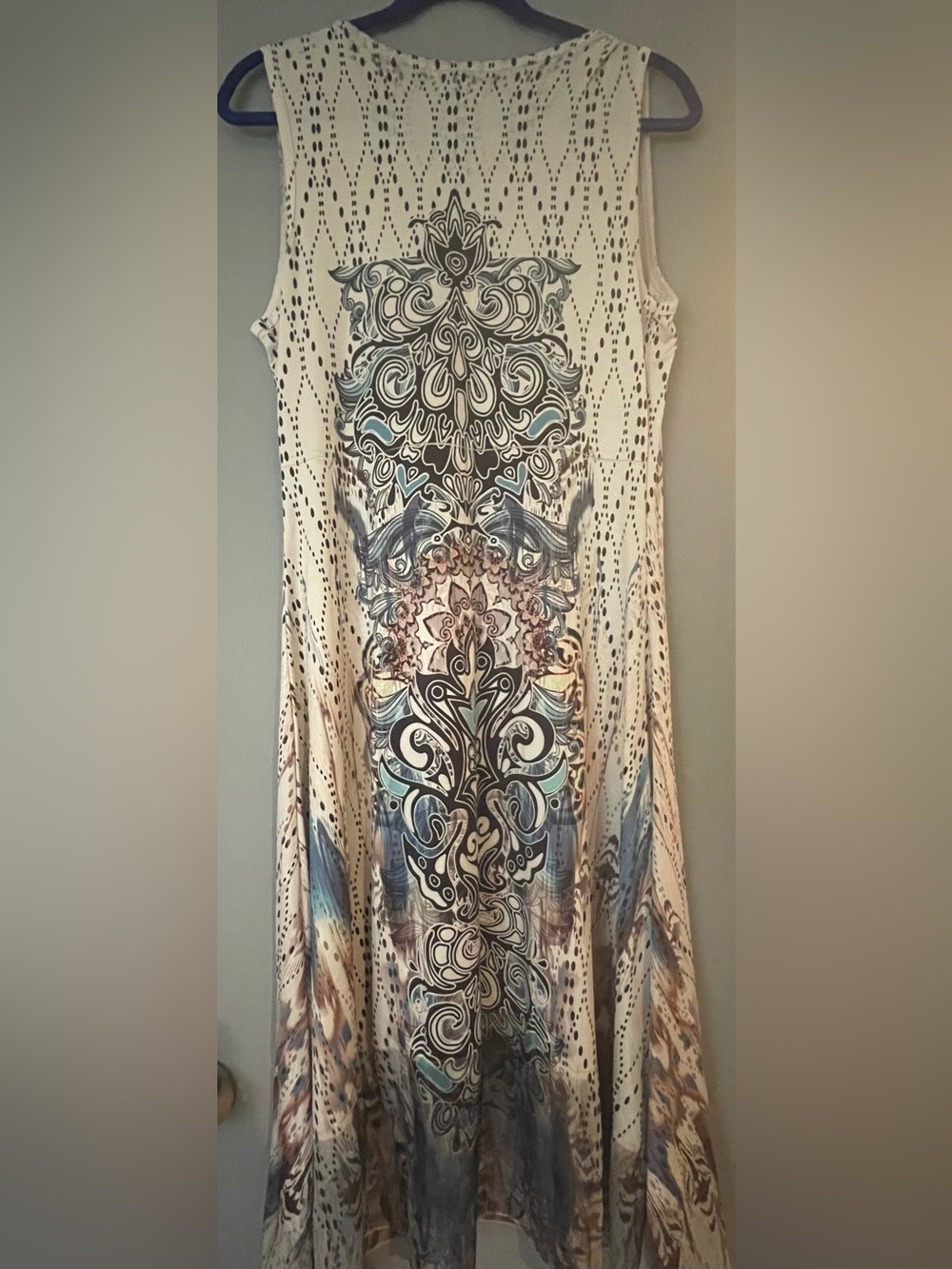 Cream Maxi Dress with Blue Paisley Print and Embellished Neckline
